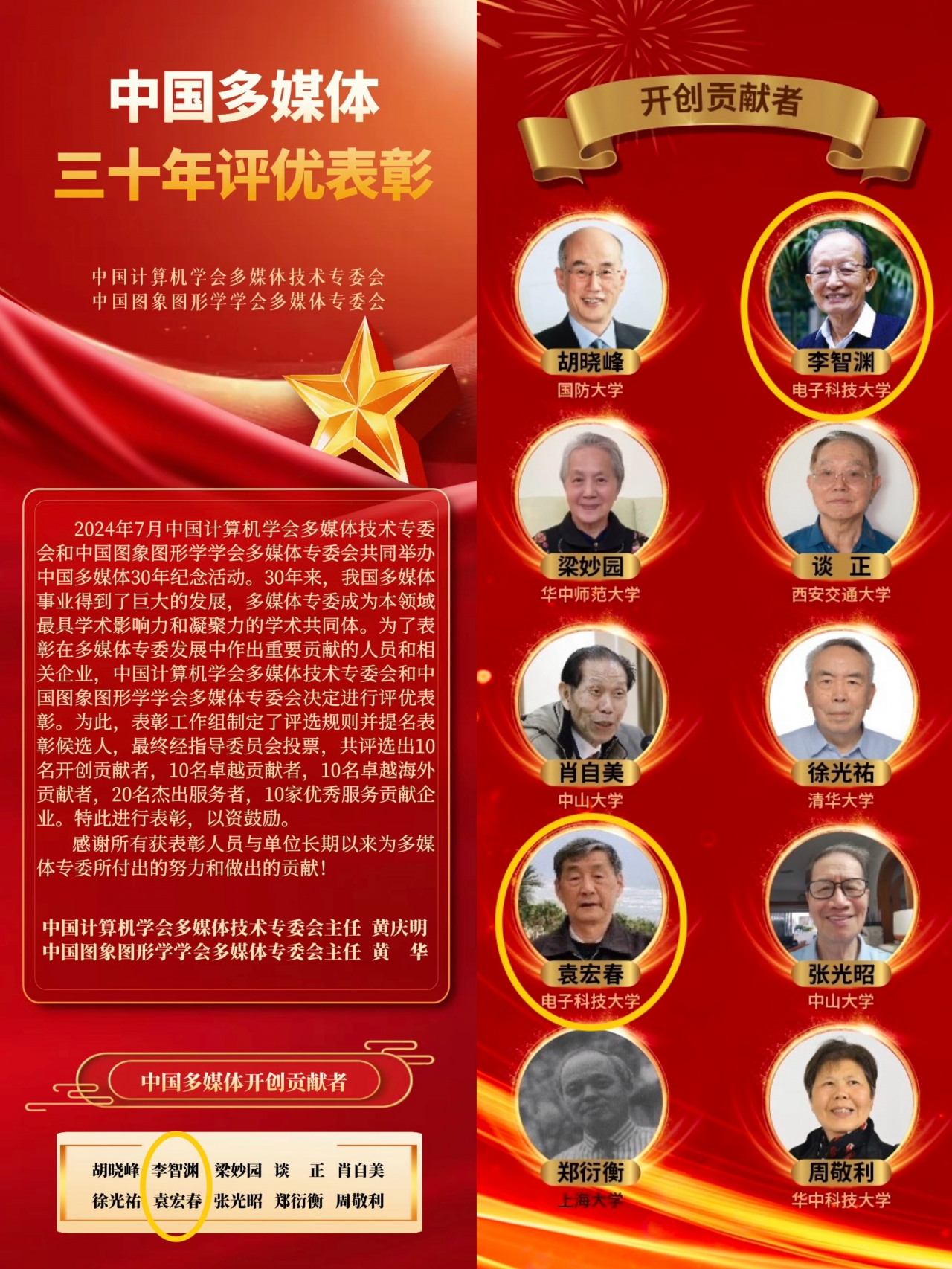 计算机（网安）学院退休教师李智渊、袁宏春教授入选中国多媒体事业“开创贡献者”