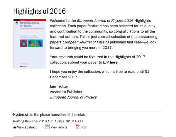 我校本科生教研论文入选《欧洲物理杂志》 2016年度Highlights