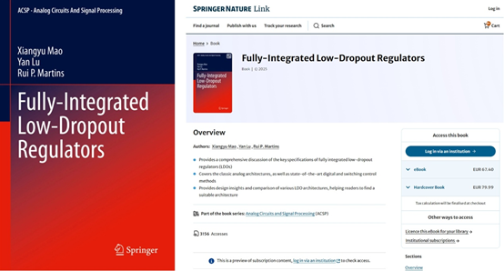 集成电路学院毛翔宇教授等人的英文专著《Fully-Integrated Low-Dropout Regulators》由Springer Nature出版