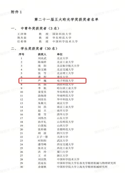 电子学院博士研究生严巍荣获王大珩光学奖
