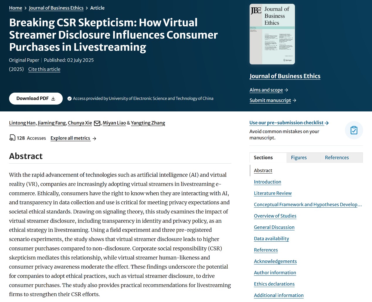 经管学院方佳明教授和谢纯雅博士在国际高水平期刊Journal of Business Ethics发表研究成果