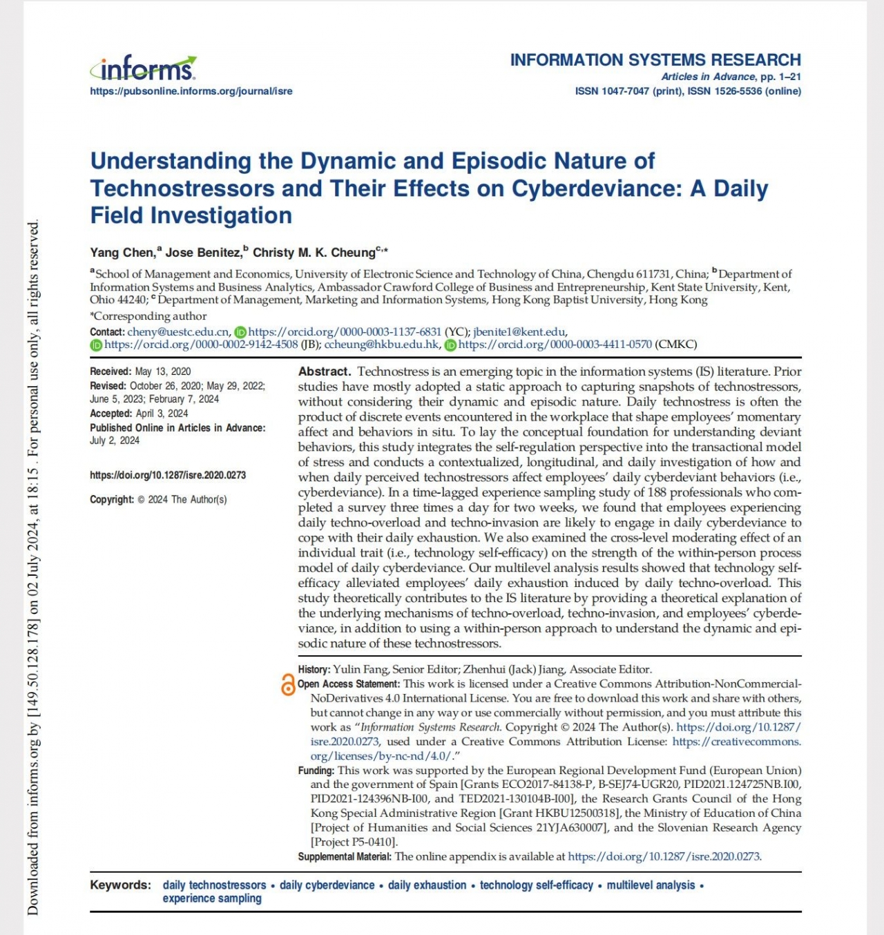 经管学院陈扬教授团队在UTD-24期刊Information Systems Research发表研究成果