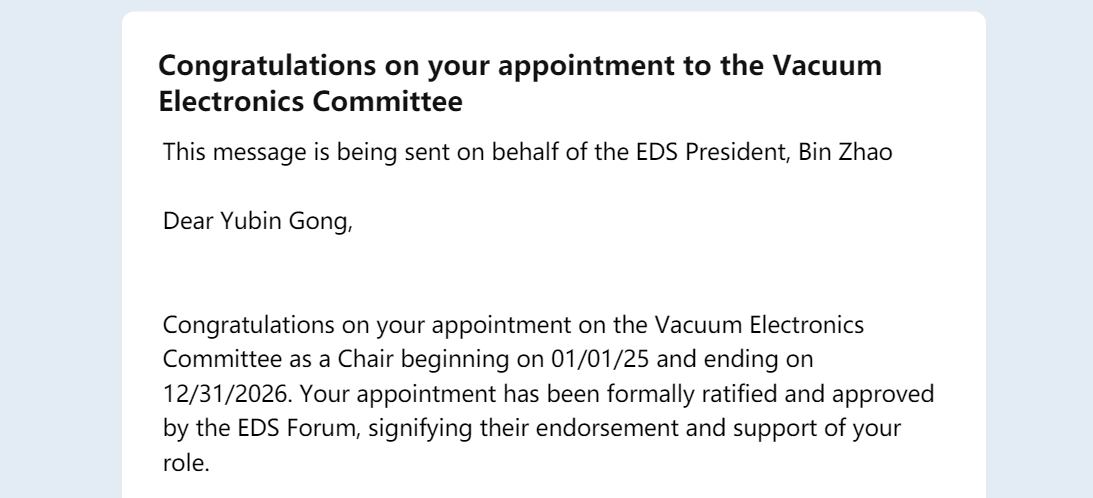 宫玉彬教授当选IEEE EDS真空电子学技术委员会主席