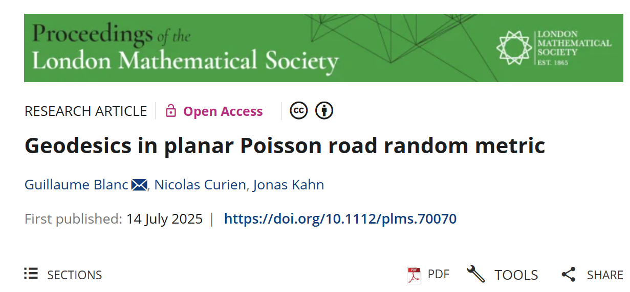 数学学院Jonas KAHN教授在Proceedings of the London Mathematical Society发表学术论文