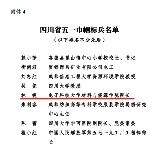 材料学院林媛教授荣获“四川省五一巾帼标兵”荣誉称号