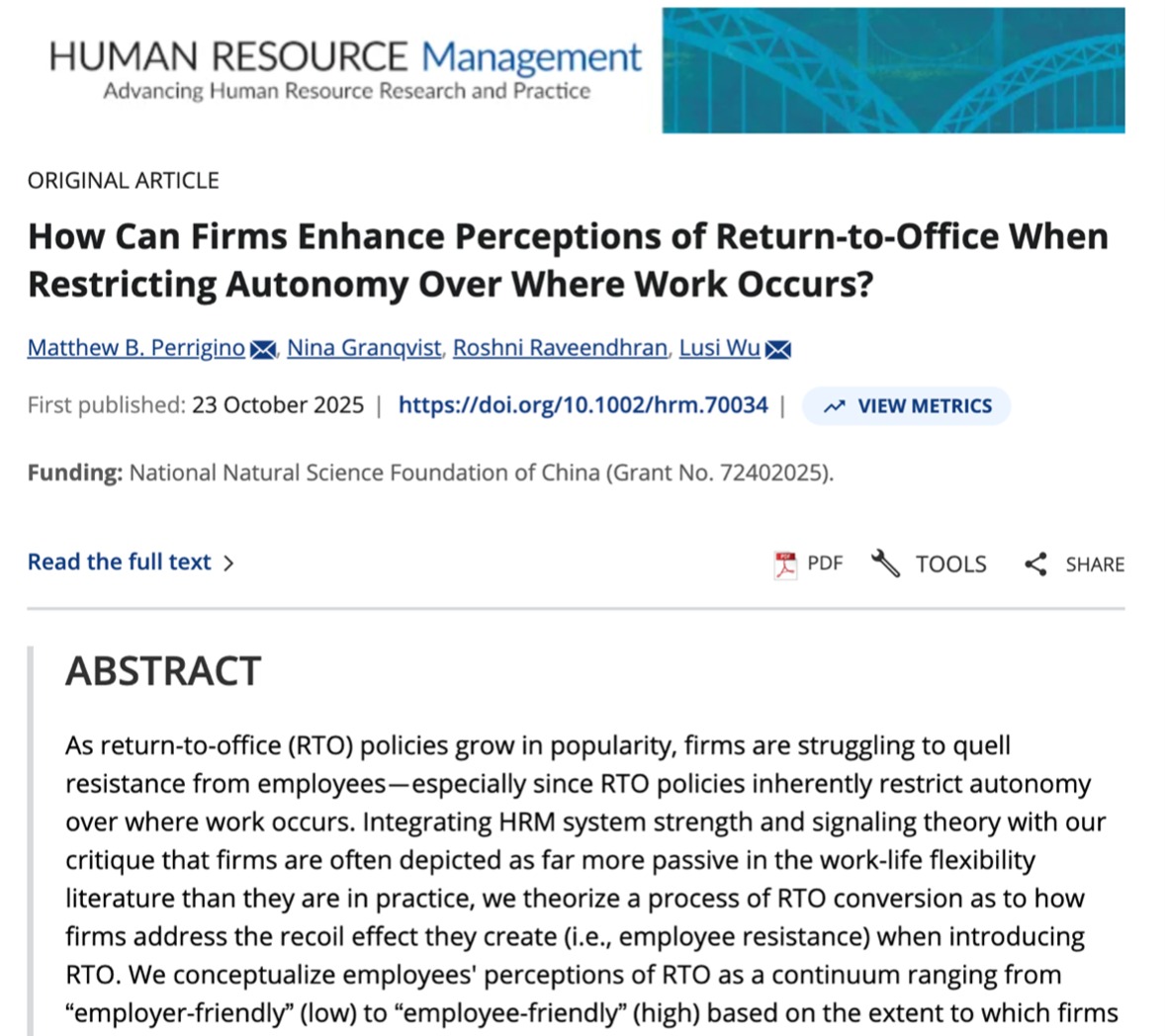 经管学院吴璐斯副教授在国际高水平期刊Human Resource Management发表研究成果