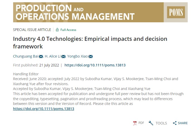 经管学院白春光教授在UTD24期刊Production and Operations Management发表论文