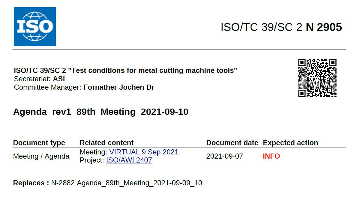机电学院王伟教授参加国际标准化组织ISO/TC39/SC2第89次国际标准化会议